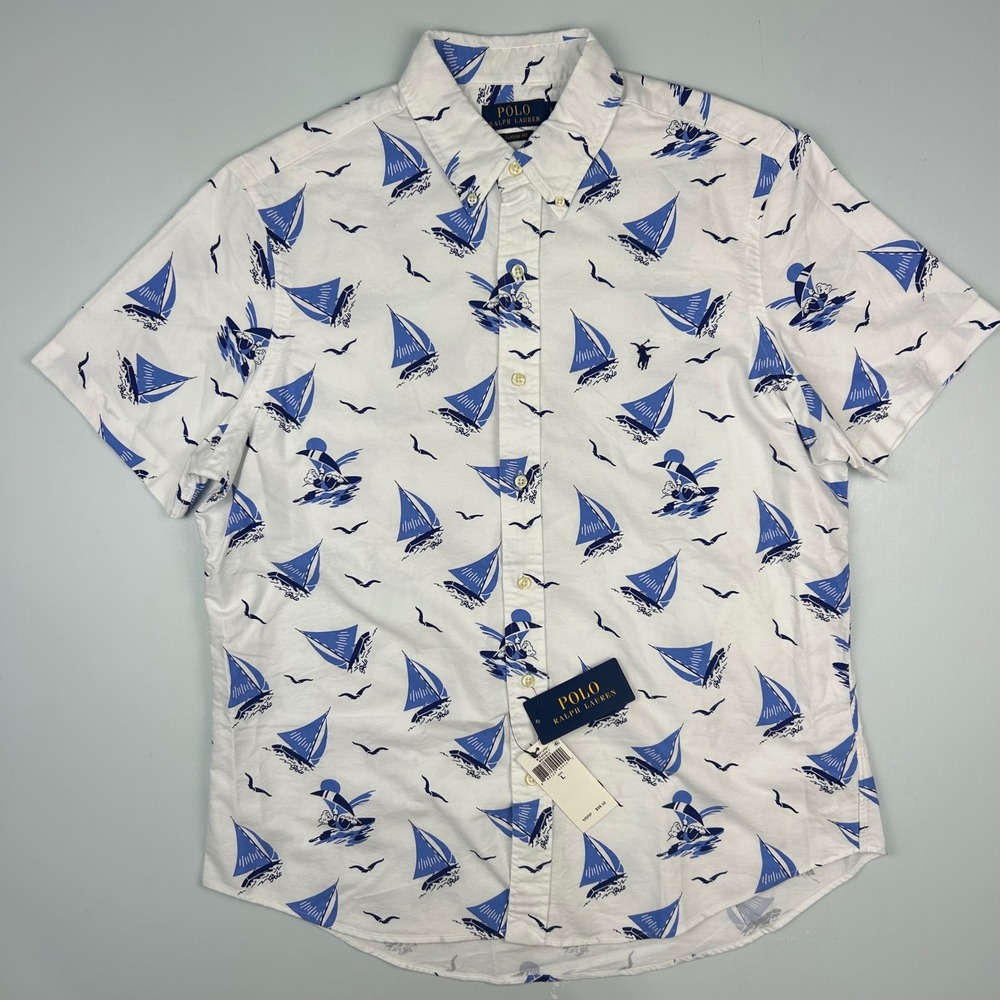 Polo Ralph Lauren Men L White Blue Sailboat Bear Print Short Sleeve Button Shirt